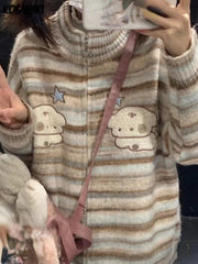 Y2k Aesthetic Japanese Knit Cardigan Kawaii Dog Embroidery Harajuku  Femme Striped Preppy Autumn Zipper y Womens voguable