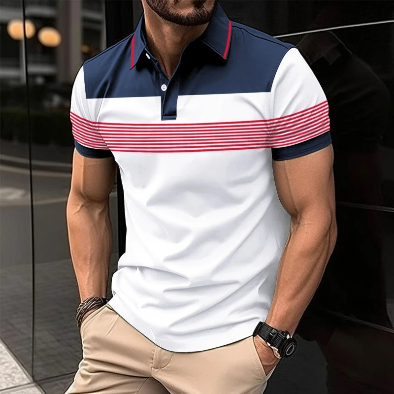 Voguable  Business Casual Men Polo Shirts Summer New Lapel Striped Button Contrast Color Streetwear Fashion Office Social Short Sleeve Top voguable