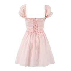Women Sexy Elegant Pink Mini Dress Vintage Puff Sleeve Slim Low Waist Holiday Party Dresses Lacing Up Back Summer Robe voguable