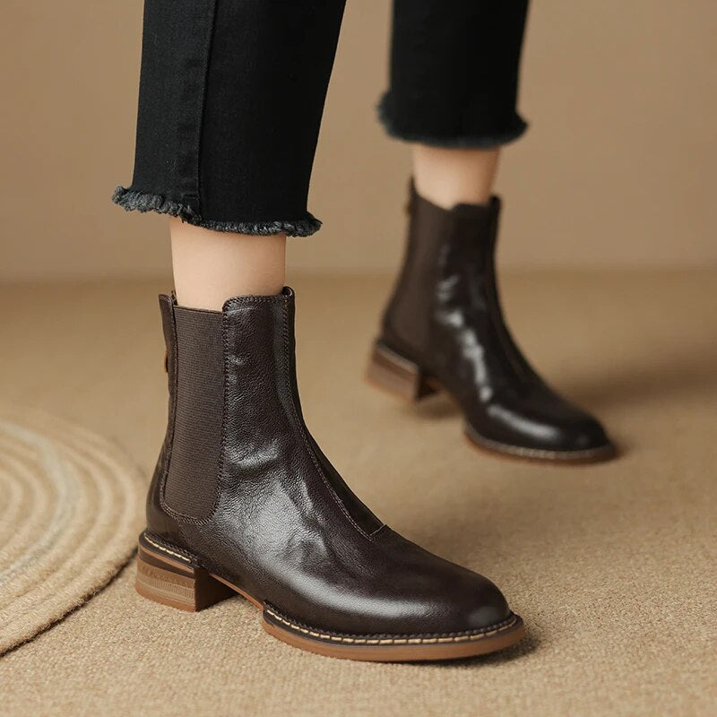 Winter New Autumn Genuine Leather High Heels Boots Women Shoes Chelsea Boots Ankle Boots Retro Leather Shoes Platform Boots voguable