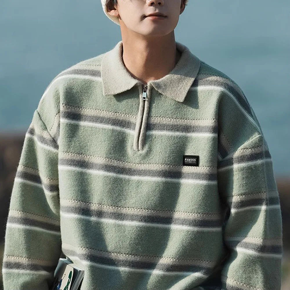 Voguable  Japan Men's Y2K Knitted Warm Polo Knit Striped Turtleneck Sweater Shirts Winter Streetwear Knitwear Korean Clothes Jumper Men voguable