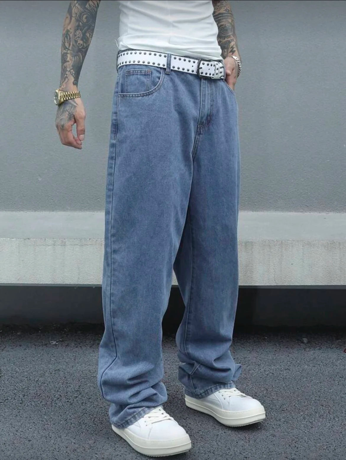Voguable  Men's Vintage Loose-Fit Washed Blue Jeans, Wide Leg Straight Leg Denim Pants, Casual Retro Style, Light Blue, All-Season Comfort voguable