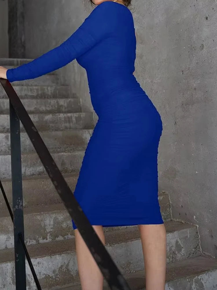 Voguable  Women's Long-sleeved One-shoulder Dress New Fashion Trend Solid Color Waist Lifting Sexy Slimming Bodycon Wrapped Evening Dress voguable
