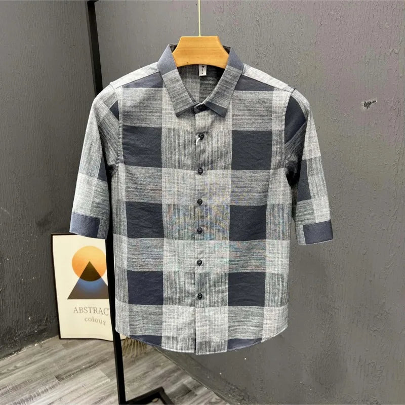 Voguable  Boyfriend Summer New Patchwork Square Collar Button Print Plaid Slim Fit Fashion Comfortable Casual Short Sleeved Shirts voguable