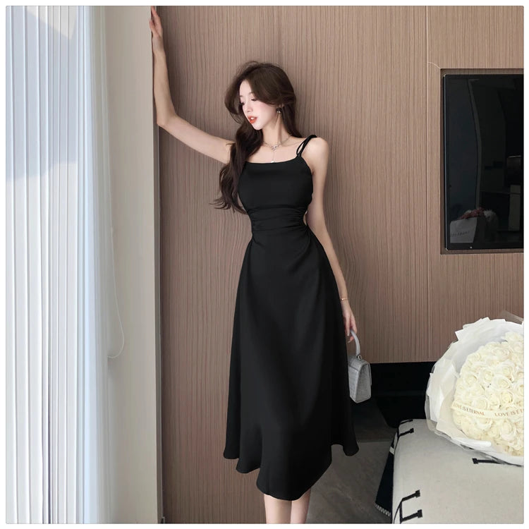 Voguable New Solid Color Sling Dress Women's Summer Korean Elegant Lady Pleated Dress Fashion Beach Sexy Backless A-line Dresses voguable