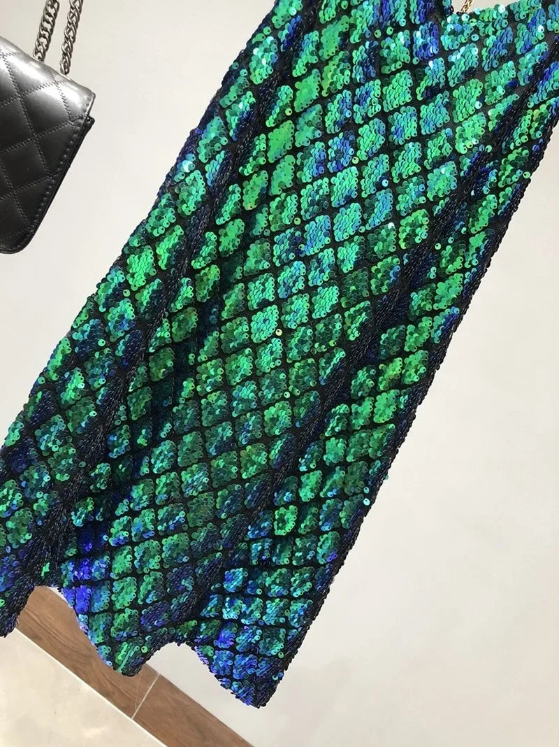 Voguable  Sexy Dresses Party Night Club Dress Dress Summer Metal Hanging Neck Sequins Backless Holiday Skirt with Shoulder-straps voguable