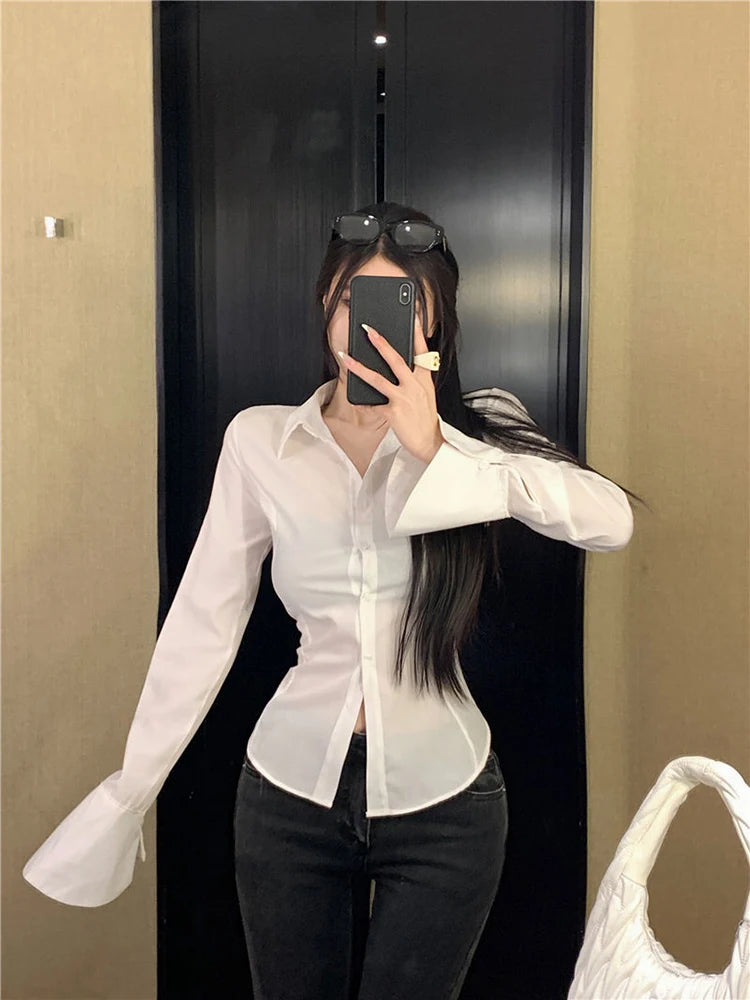Voguable  Sexy Bandage Shirt Women Chic Slim Elegant Blouse Sweet Long Sleeve All Match Casual Korean Turn Down Collar White Tops voguable