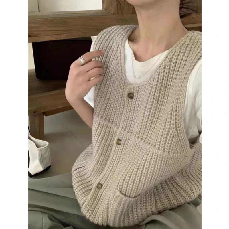 Chunky Knit Sweater Vest for Women Button Up Sleeveless Knit Top with Front Pockets Korean Ladies Casual Chic Outfit voguable