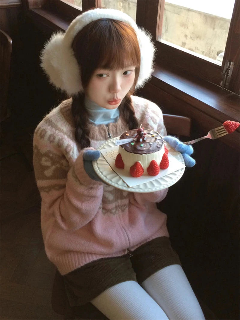 Vintage Print Knitted Cardigan Women Japanese Long Sleeve Sweater Outerwear Winter Aesthetic Pink Knitwear Korean Jumpers voguable