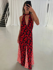Voguable  Women's Floral Maxi Dress Halter Tie Deep V Polka Dot Sexy Backless Patchwork Contrast Slim A-Line Long Dress Partywear voguable