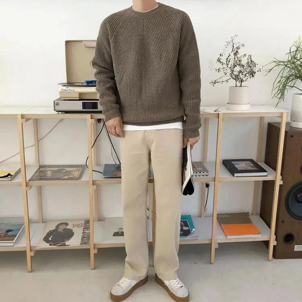 Voguable  Men Autumn Winter Korean Style Loose Round Neck Knitted Sweater Gender-Neutral Trendy Casual Solid Color Simple Sweater Unisex voguable