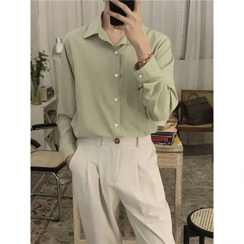 Autumn High-end Maillard Long Sleeve Ice Silk Shirts for Men and Women Korean Fashion Loose Solid Color Button Men Dress Shirt voguable