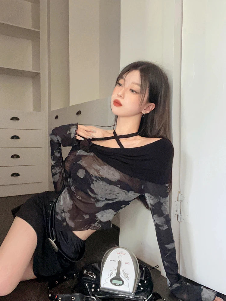 Voguable Harajuku Retro Tie Dye Mesh Tops Flare Sleeve Lace Up T Shirt Women Y2k Vintage Crop Tops Streetwear Japanese 2000s E Girls Top voguable