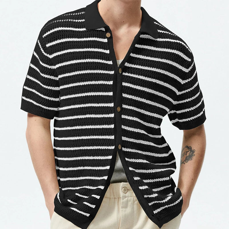 Men's Polo Shirt Light Luxury Knitted Clothing Popular Vintage Striped Short Sleeve Fashion Leisure Hollow Out Knitwear M-3XL voguable