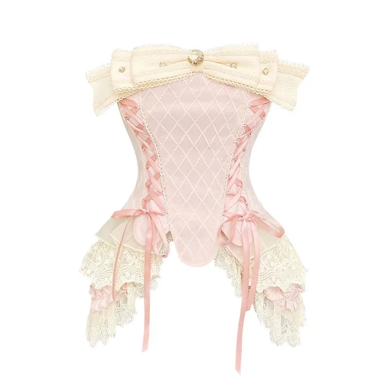 French Elegant Corset Suit Women Bow Tie Sexy Lace Tube Top White Shorts Two Piece Casual Fashion Summer Female Two Piece Set voguable