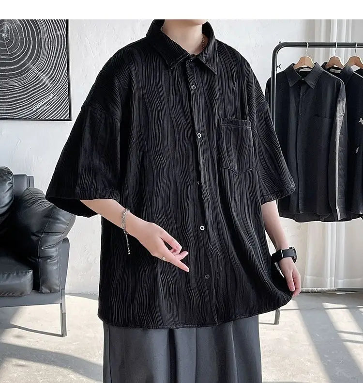 Voguable Men's Clothing Straight Tops Man Turn-down Collar Shirts Spring Summer Thin Temperament Handsome Button Pockets Short Sleeve voguable
