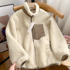 Autumn Winter Lambswool Coat Male Loose Windproof Warm Sherpa Stand Collar Polar Fleece Jacket Unisex Simple  Pocket Spliced Top voguable
