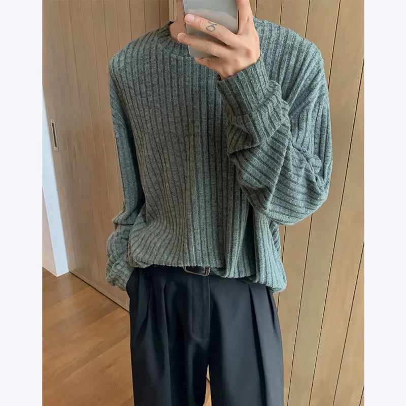 Autumn Long Sleeved T-shirt Men Oversized Fashion Casual Striped T Shirt Men Streetwear Korean Loose Round Neck Tshirt Mens Top voguable