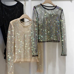 Voguable  Summer New Ladies Temperament Rhinestone Round Neck Long Sleeve Bright Starlight Hollow Shiny Bottoming Shirt Women's Top Trend voguable