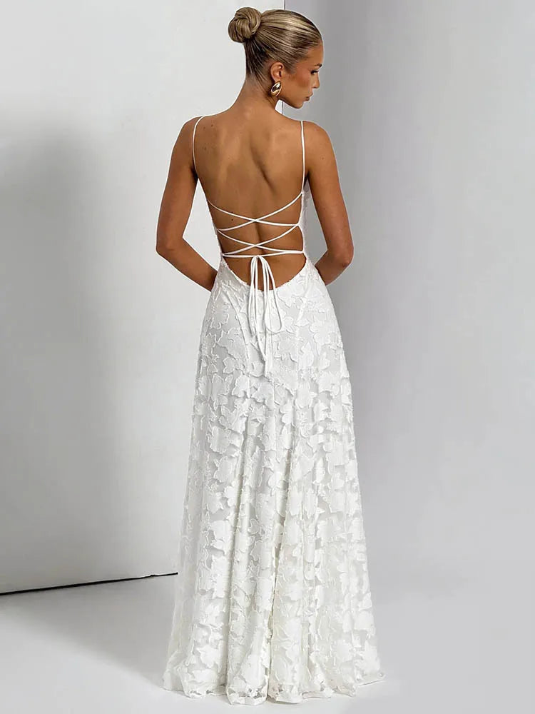 Spaghetti Strap Backless Sexy Maxi Dress Women Gown Fashion Off-shoulder Sleeveless Lace-up Evening Club Party Dress voguable