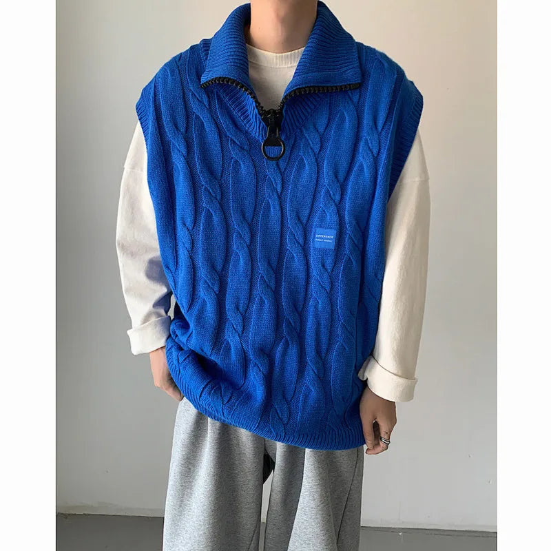 Voguable Autumn Short Sweater Vest Men Fashion Casual Lapel Knit Pullover Men Korean Loose Zipper Sleeveless Sweater Men Jumper Clothes voguable