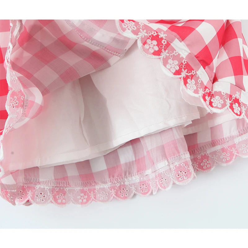 European And American Retro Sexy V Neck Red Plaid Dress Women Floral Embroidery Sleeveless A-line Mini Summer Dresses voguable