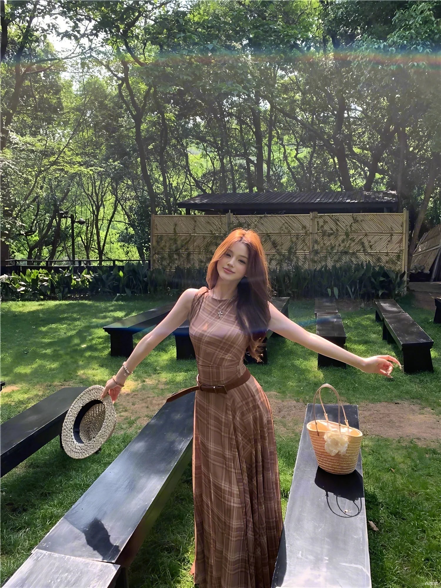 2025 Women's Dress, Summer Checkered Printed Sleeveless Long Dress, Round Neck, Large Swing, Elastic, Slimming A-Line Dress voguable