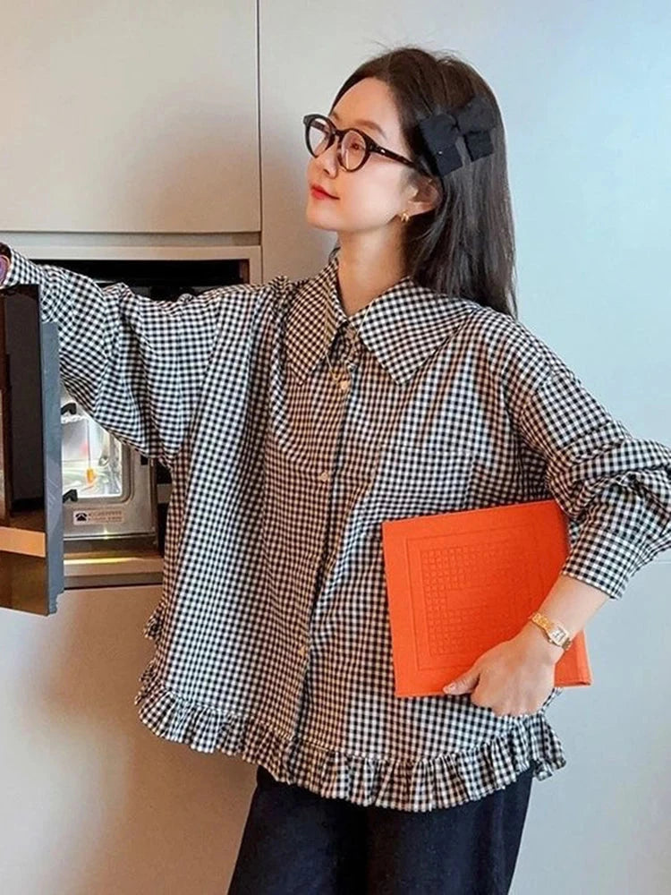 Vintage Black Plaid Shirt Women Loose Sweet Preppy Style Long Sleeve Blouse Fall Casual Retro Cute All Match Female Tops New voguable