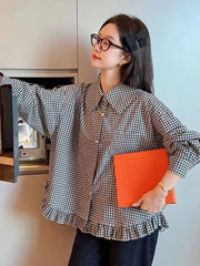 Vintage Black Plaid Shirt Women Loose Sweet Preppy Style Long Sleeve Blouse Fall Casual Retro Cute All Match Female Tops New voguable