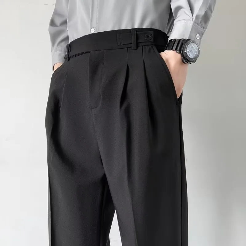 Men's Luxury Fitting Well Draped Baggy Suit Pants Casual Button Solid Color Straight Premium Dress Pants Urban Business Trousers voguable