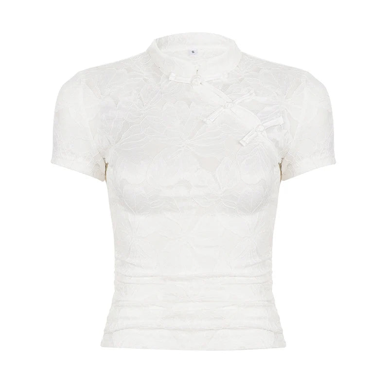 Voguable  Vintage Chinese Style Stand Collar Slanted Buttons Floral Lace White Hollow Out Sxy T-shirts for Lady Summer Evening Party Top voguable