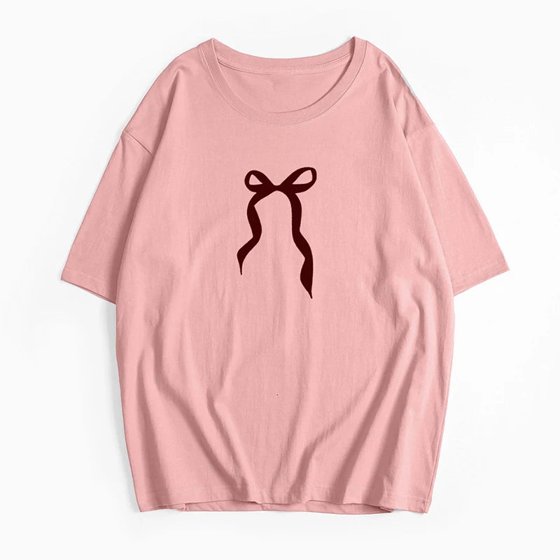 Bow Print Chic White Women T-shirt Cotton 2025 New Round Neck Short Sleeve All-match Tee White Casual Streetwear Female Top voguable
