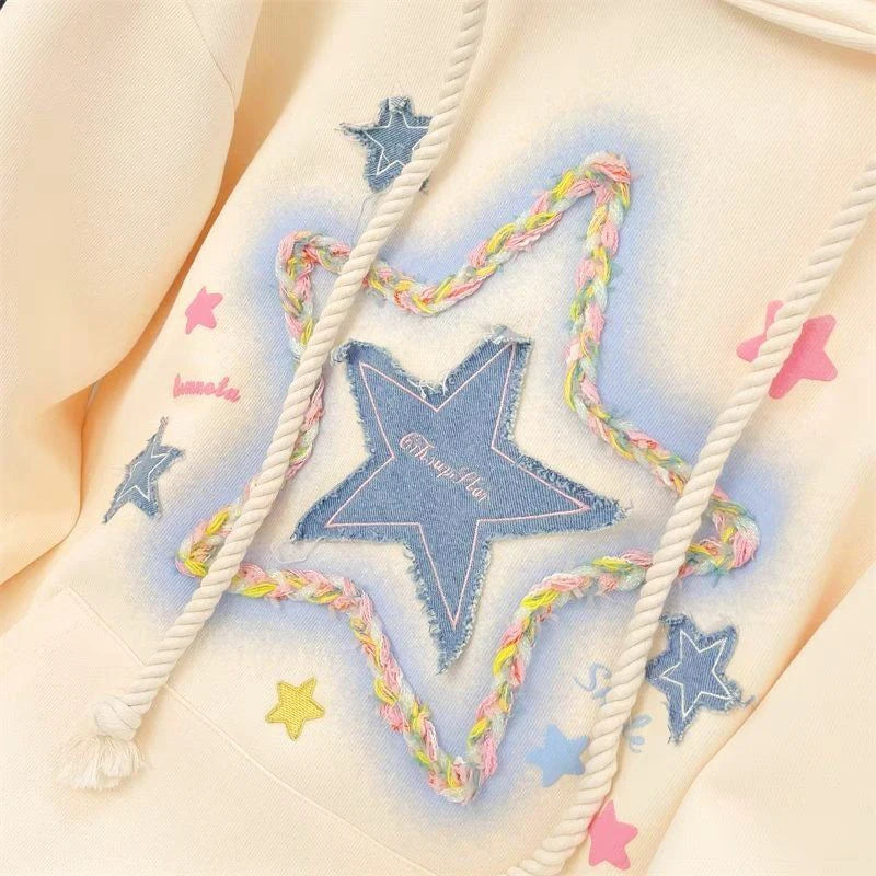 Vintage Star Print Hoodies Women Streetwear Loose Long Sleeve Sweatshirts American Retro Bf Casual Harajuku Pullover Tops voguable