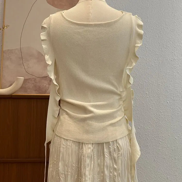Voguable  Premium Minority Flying Sleeve Knit Tshirts Draped Neckline Lace Up Unique Mujer Camisetas Slim Elegant Casual Moda Tops voguable