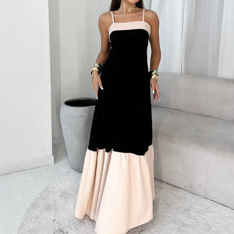 Voguable  Ladies Fashion Spaghetti Strap U Neck Patchwork Ruched Hem Maxi Party Evening Dress Summer Backless Skinny Outfits Streetwear voguable