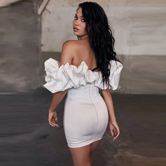 Satin Ruffles Sleeve Summer Dresses Backless Strapless Bodycon White Dress Short Sexy Party Dress Nightclub Vestidos voguable