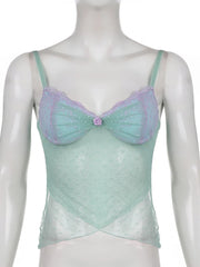 Voguable Polka Dots Lace Frill Mesh Camis Y2K Aesthetic V-neck Crop Top Women Summer Backless Sexy See Through Corset Tops voguable