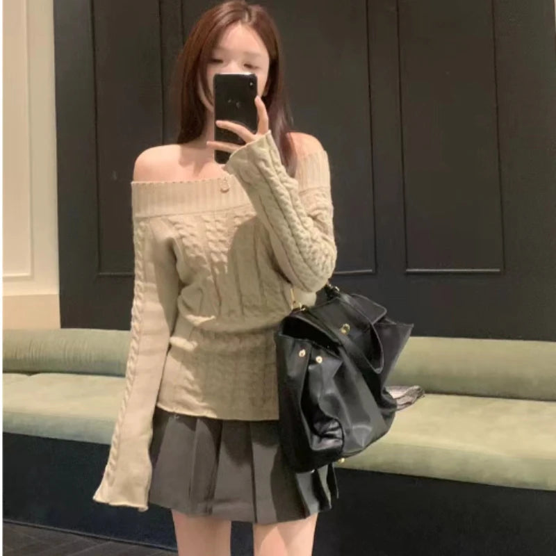 Slash Neck Pullovers Women Knitted Solid Jacquard Korean Fashion All-match Design Unique Sweet Spicy Girls Streetwear Temper voguable