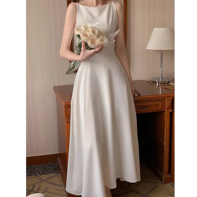 Korea Evening Party Long White Dress Elegant Solid Sleeveless Strap A Line Dress Beach Women One Piece Backless Black Dress 2024 voguable