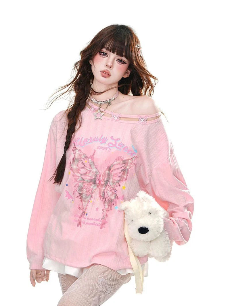 Streetwear Bufferfly T Shirt Women Loose Hollow Out Long Sleeve Vintage Tees American Sweet Casual Oversize Letter New Tops voguable
