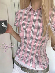 Voguable  Japanese Blouse Women Pink Plaid Slim Tops Harajuku Y2K Short Sleeve Shirt Summer New Vintage Elegant Sexy Shirts voguable