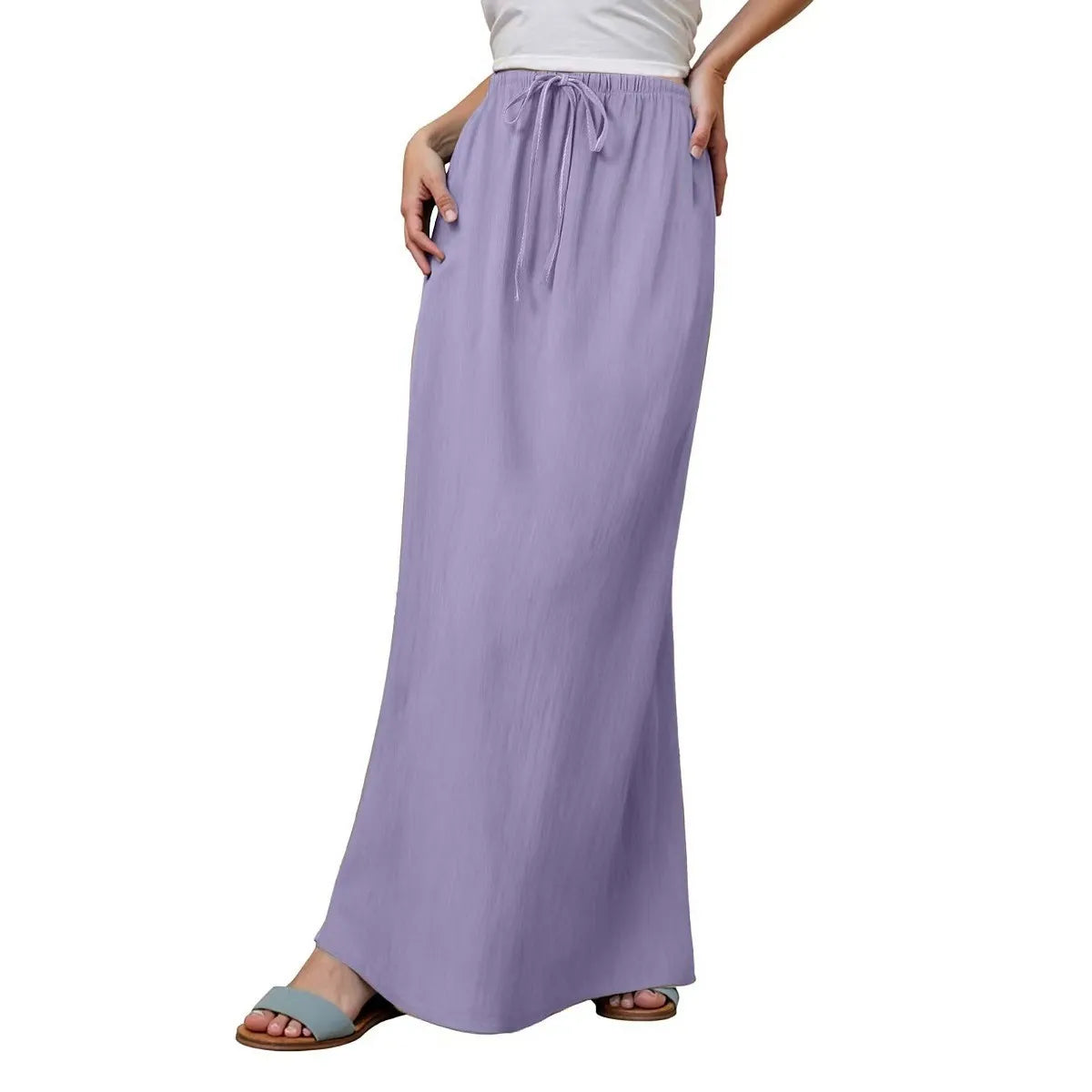 Voguable  Solid Color Straight Drawstring Elastic Waist Casual Ladies Skirt Summer Simple New Versatile Loose Long Skirt for Women voguable