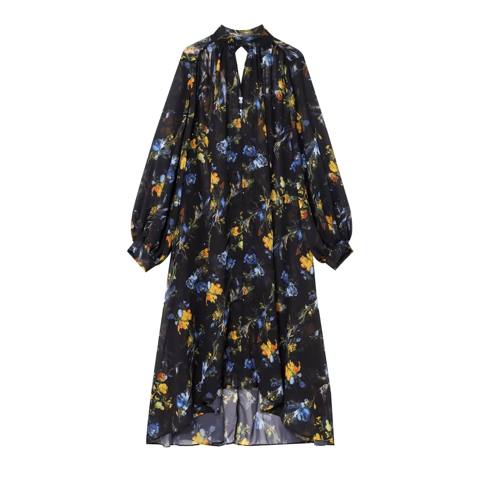 Floral Print Loose Midi Long Dresses Women Turtleneck Lantern Sleeve Boho Vestidos Spring Summer Lady Vacation Dress voguable