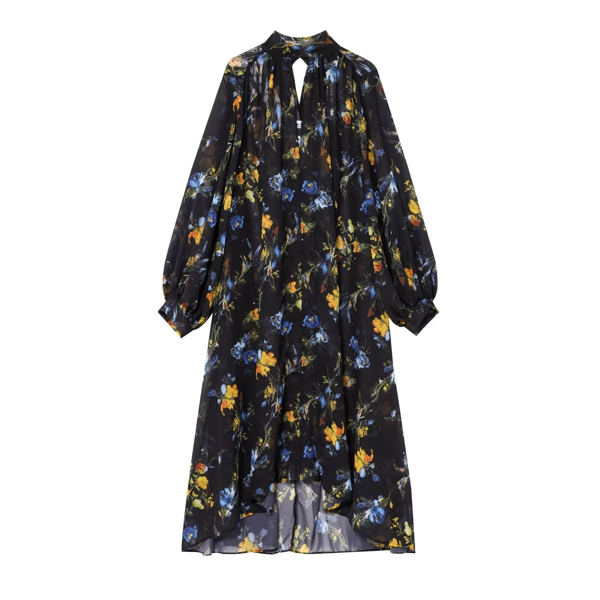 Floral Print Loose Midi Long Dresses Women Turtleneck Lantern Sleeve Boho Vestidos Spring Summer Lady Vacation Dress voguable