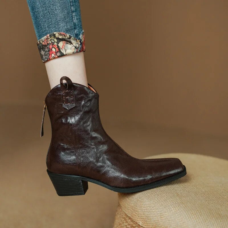 New Autumn Women Boots Square Toe Thick Heel Boots for Women Winter Genuine Leather Ankle Boots Chelsea Boots Cowboy Boots voguable