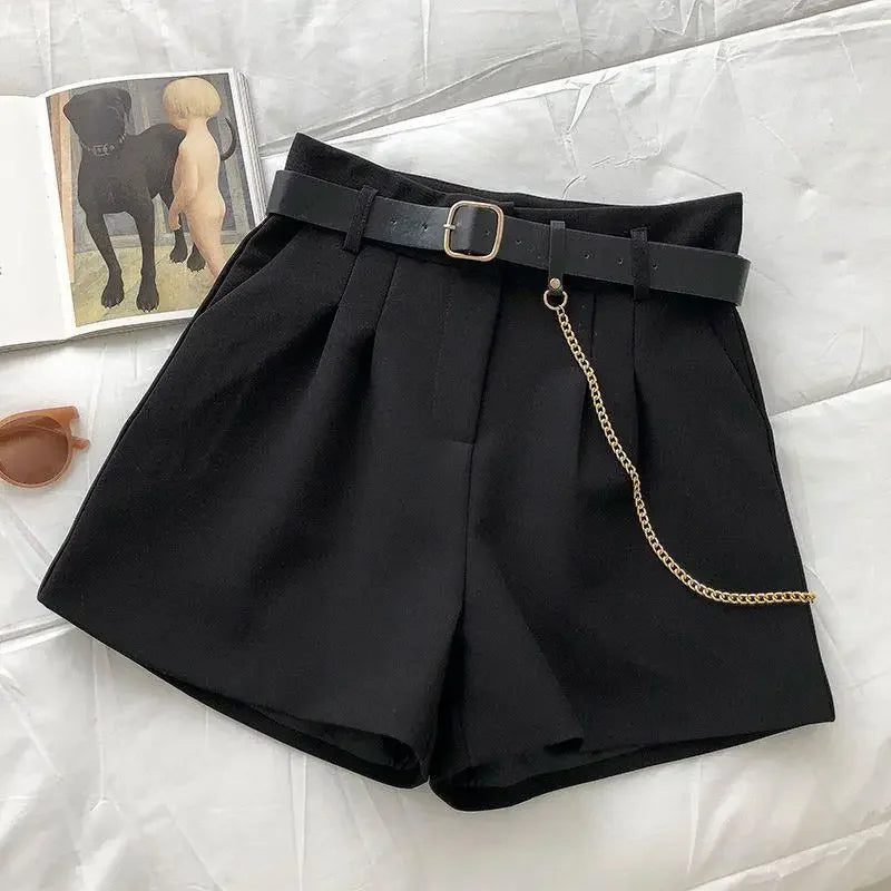 Korean with Belt Women Suit Shorts Y2K Summer High Waist Solid Color A Line Shorts Loose Streetwear All Match Wide Leg Pants voguable