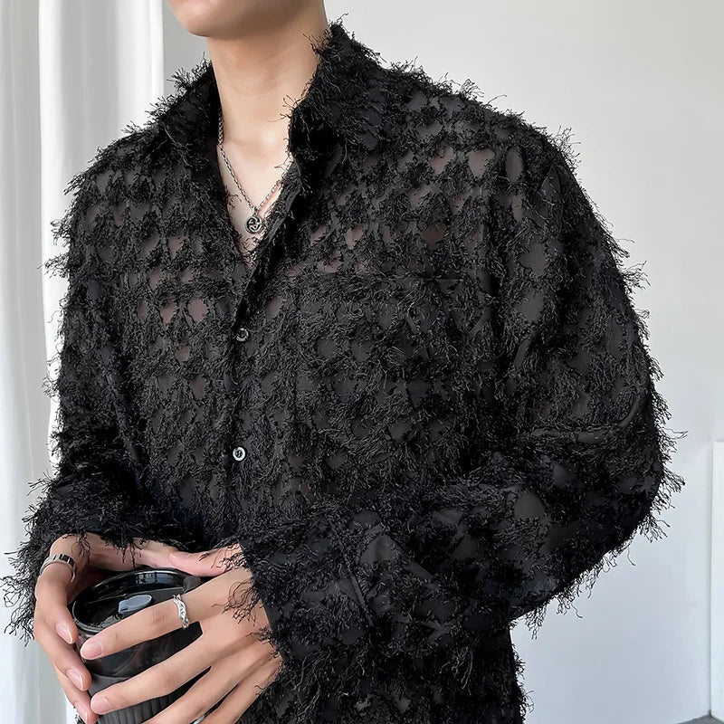 Voguable Sleeve Shirt Spring 2024 Trendy Men's Casual Long Solid Color Elegant Splicing Tassel Niche Design Fashion Tops voguable