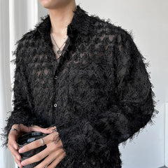 Voguable Sleeve Shirt Spring 2024 Trendy Men's Casual Long Solid Color Elegant Splicing Tassel Niche Design Fashion Tops voguable