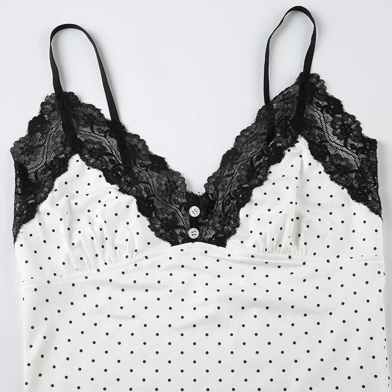 Voguable  Y2K Polka Dot Crop Top Sexy Buttons Contrast Lace Patchwork V-neck Camisole Coquette Casual Basic Tank Tops All-match voguable