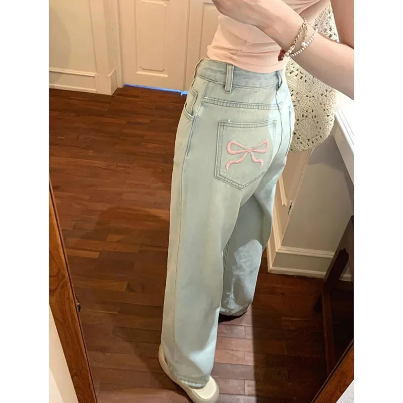 Voguable 2024 Blue Jeans for Women High Quality High Waist American Wide Leg Pants Bow Embroidery Y2K Vintage Straight Summer Trousers voguable